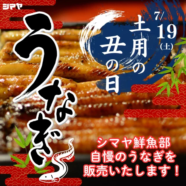 予告🚩7/19(土)は土用の丑！うなぎを食べてスタミナ回復✨

【対象店舗：砺波店／立山店／ラクール店】

土用の丑の日といえば
やっぱり「うなぎ」😆♪

疲労回復＆食欲増進効果があるうなぎは、
夏バテ防止にピッタリな食べ物です👍✨

シマヤでは…
✅良質な国産うなぎ蒲焼😋
✅ふわふわ食感＆肉厚✨朝焼きうなぎ
✅リーズナブル👛中国産うなぎ蒲焼
✅うな重・うなぎ握り寿司
などなど、自慢のうなぎを販売いたします！

美味しさには自信アリ💪🔥
香ばしくふっくらと焼き上げた
うなぎをぜひご堪能ください🙌

------------------
シマヤ公式アカウントでは、いろいろな商品やお買得情報を発信します。
たくさんの「いいね」をお願いします！
------------------

#シマヤ #スーパーセンター #ディスカウントストア
#富山県 #射水市 #富山市 #砺波市 #立山町 #高山市
#みんな来てね
#土用の丑 #土用うなぎ #土用の丑の日
#うなぎ #国産うなぎ #朝焼きうなぎ
#うな重 #うなぎ握り寿司 #リーズナブル
#夏バテ防止 #疲労回復 #シマヤのうなぎ
